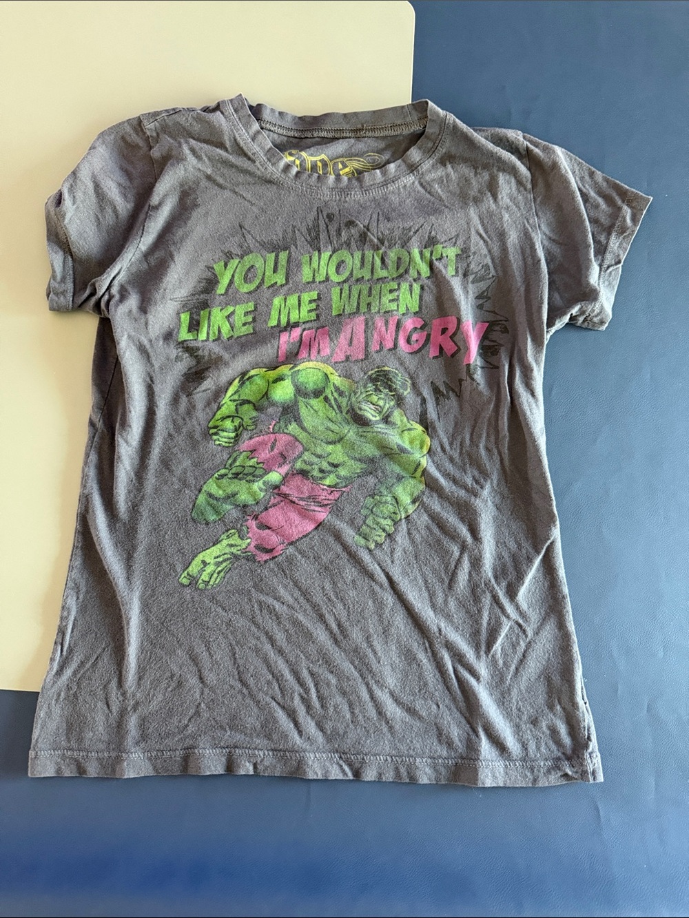 Marvel Gray Tee with Green and Pink Hulk Graphic